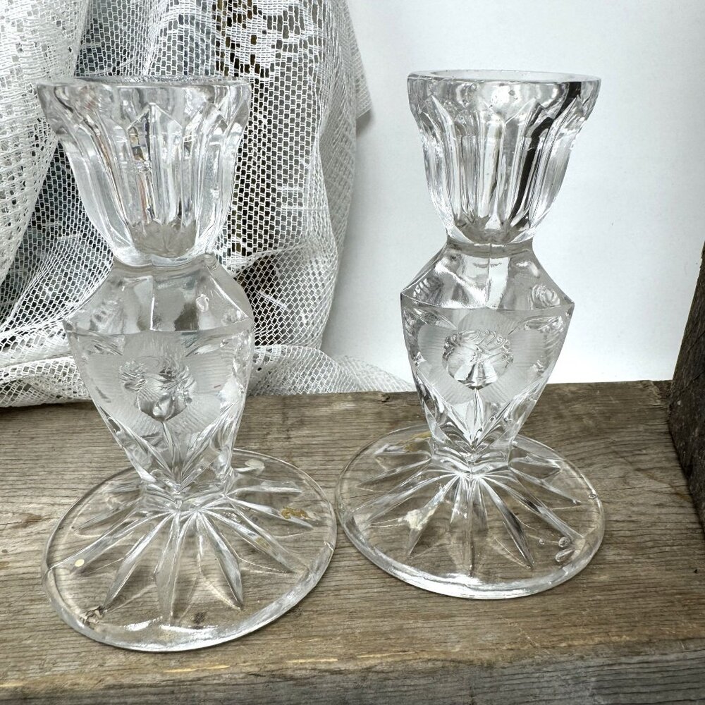 Vintage Crystal Candle Holders Set Of 2 Etched Floral Design Clear Glass Elegant